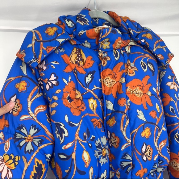 RHODE Blue Orange Floral Wrap Hooded Winter Designer Boho Puffer Coat Small NWOT - Picture 4 of 8